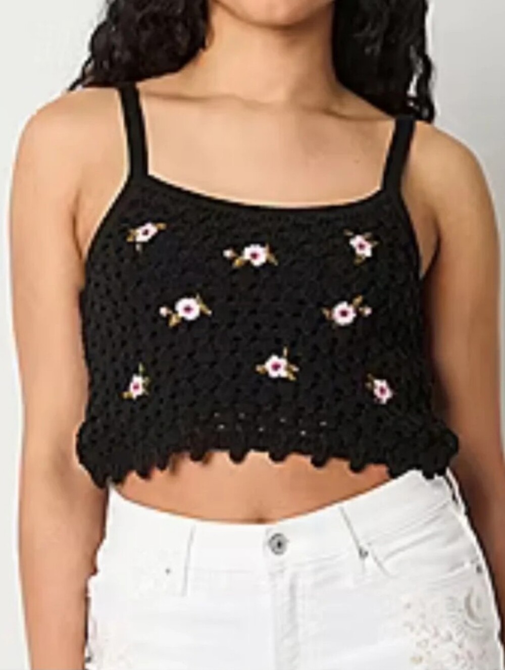 Arizona Jean Company Black Crocheted Crop Top with Pink Floral Accents